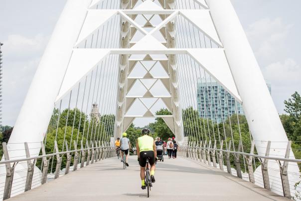 The Humber Bay Arch Bridge is a pedestrian and bicycle arch bridge south of Lake Shore Boulevard West in Toronto