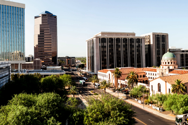 panoramic view of downtown Tucson cityscape.