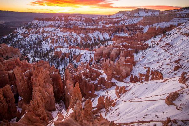 Bryce Canyon Amphitheater in the Snow During Sunset