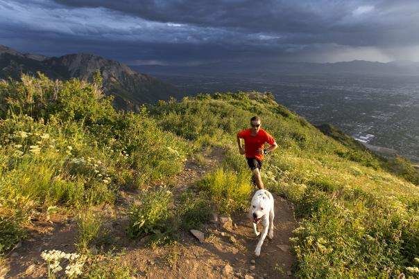 Man trail running with his dog above Salt Lake City, Utah