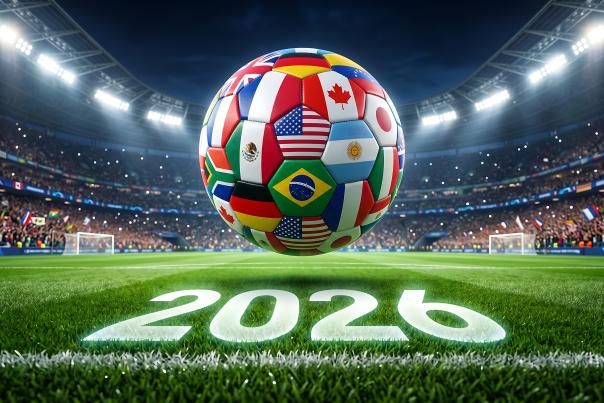 cgi image of a soccer ball with various country representation on the ball in the stitching. the ball is on a green turf field that says 2026 in the turf. surrounding the field are stands full of soccer fans with stadium lights bright up above
