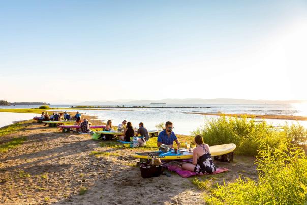 dinner on the beach next to lake on surfboards