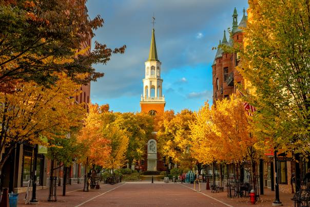 Church Street in the Fall with foliage alongside the buildings