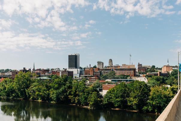 skyline view of downtown Lynchburg from across the James River