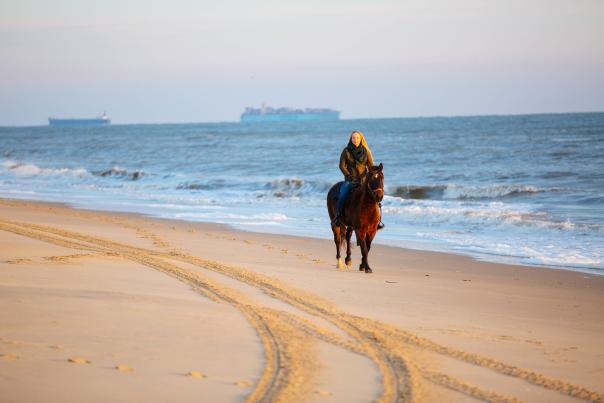 Woman horseback riding on the beach in Virginia Beach winter