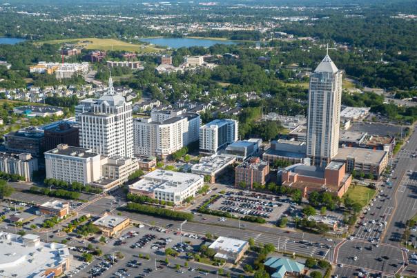 aerial of town center buildings