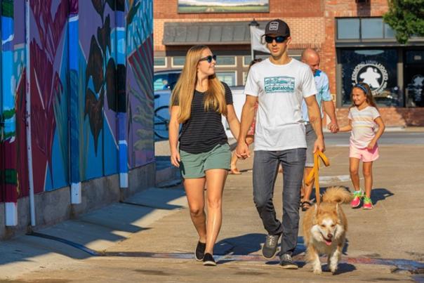 couple walking their dog