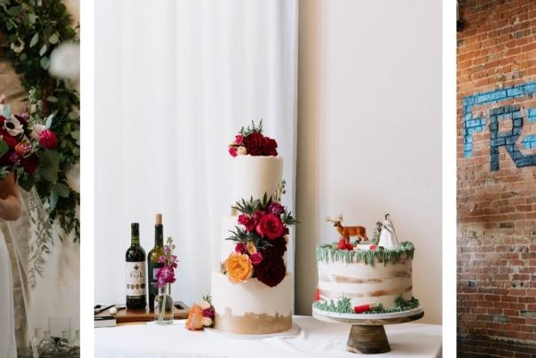 a 3-photo collage of a man and woman at their wedding, a wedding cake on a table, and a brick wall backdrop that says "Frenzy"