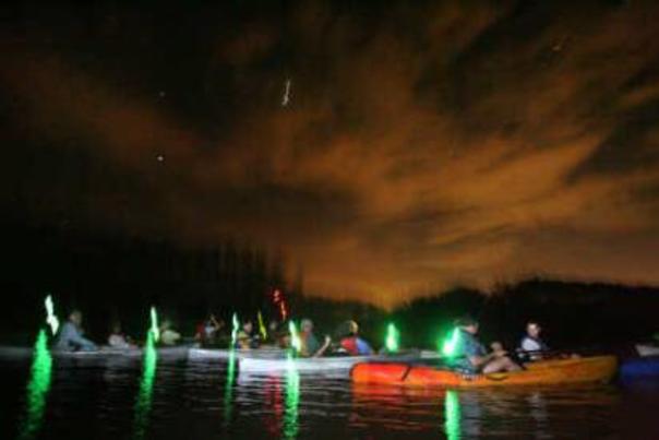 Kayakers with glow sticks navigate a bioluminescent tour of the Merritt Island National Wildlife Refuge.