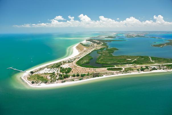 Aerial view of Fort De Soto Park and surrounding blue waters in St. Petersburg