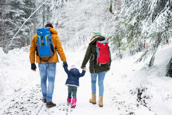 Family Walking in Snowy Forest