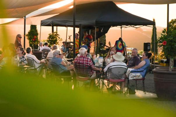 Guests sitting on a sunny outdoor patio listening to live music.