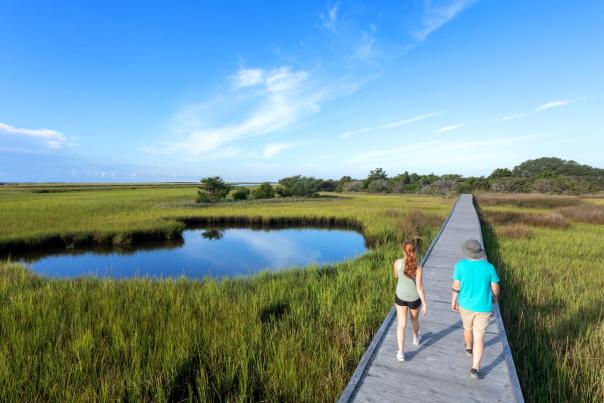 Couple hiking at Basin Trail at Fort Fisher State Recreation Area in Kure Beach