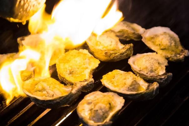 Oysters on grill at Mack Allen's Seafood Restaurant in The Woodlands, Texas