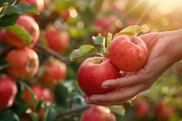 Picking ripe apples in the garden. Collecting happiness