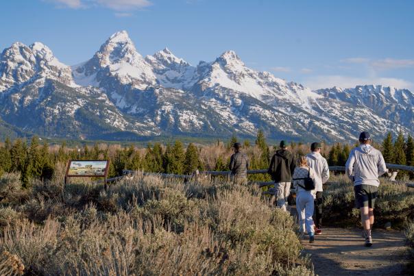 Visitors walk along a scenic overlook trail with panoramic views of the snow-covered Teton Range in Grand Teton National Park, Wyoming. Sagebrush and evergreen trees frame the dramatic mountain landscape, highlighting the park’s accessible opportunities for sightseeing, wildlife viewing, and outdoor recreation.
Location: Willow Flats Overlook, Grand Teton National Park, Teton County, Wyoming
Latitude: approximately 43.883° N
Longitude: approximately 110.576° W
Decimal: 43.883, -110.576