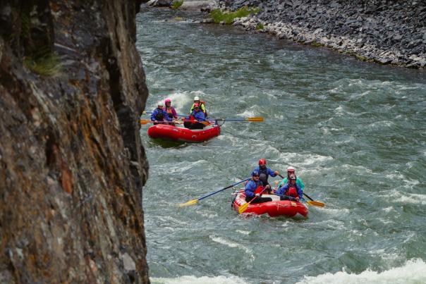 Two groups whitewater rafting in Thermopolis, Wyoming