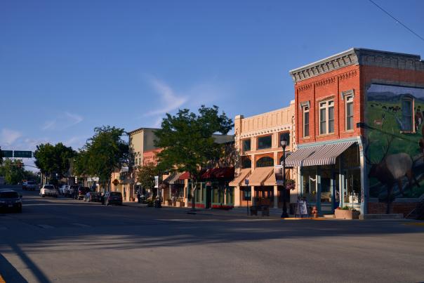 Downtown Buffalo, Wyoming, showing a street lined with historic storefronts in Johnson County.