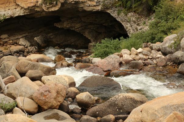 The Popo Agie River disappears beneath a limestone cliff at The Sinks in Sinks Canyon State Park near Lander, Wyoming. Whitewater flows around large boulders at the entrance to the underground cavern, showcasing one of the state's most unique natural geological features.