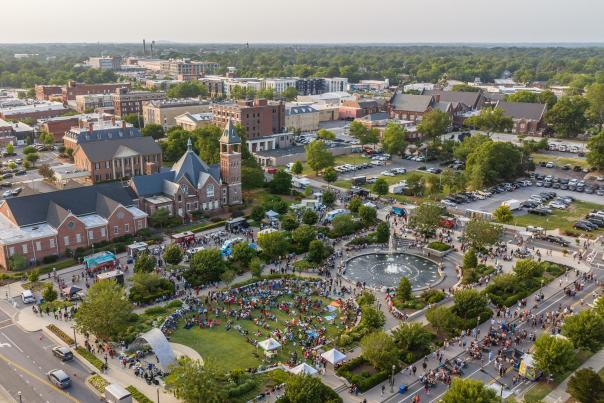 An aerial view of downtown Rock Hill including fountain park