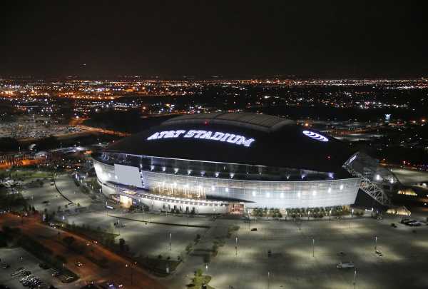Aerial view of AT&T Stadium at night