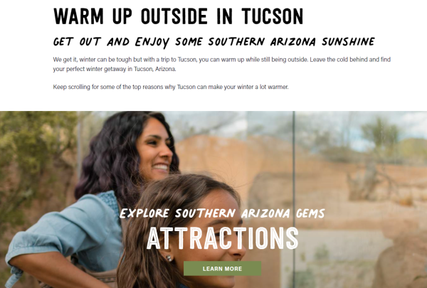 A screenshot of Visit Tucson's "Warm up in Tucson" page