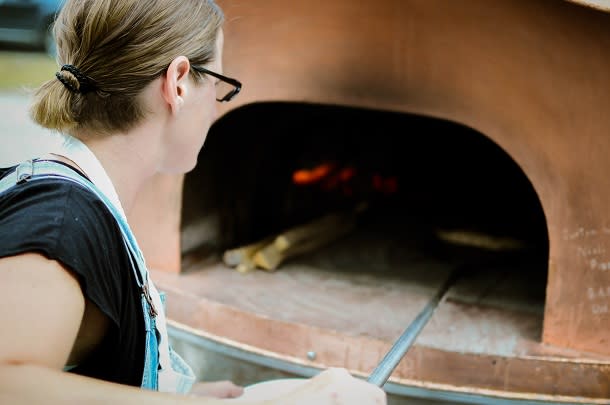 Wood fired pizza in oven