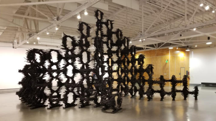 The sculpture "Shaved Portions" made from scrap rubber, on display at Oklahoma Contemporary.
