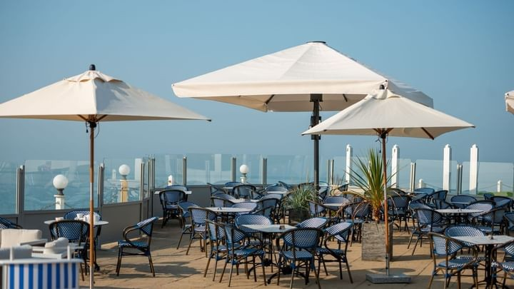 View out to sea from the seating area on the veranda at the Relais hotel in Cooden beach