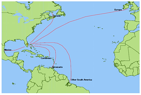 Image of a map showing the petroleum countries of origin including Mexico, South America and Europe