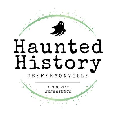 Logo for Haunted History Jeffersonville: A Boo 812 Experience, featuring a small ghost icon above the event name inside a green circular brushstroke design.