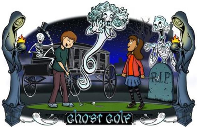 ghost golf poster featuring cartoon characters playing golf with ghosts