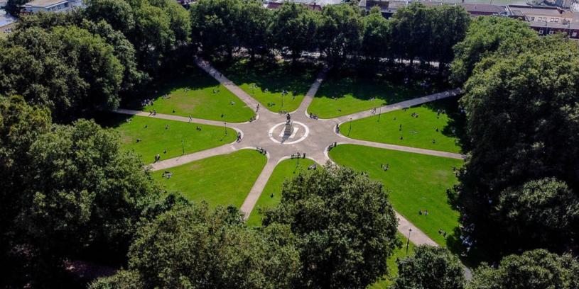 An aerial view of Queen Square park in central Bristol