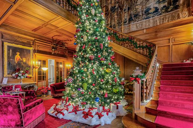 Lavishly decorated room with a large Christmas tree, red carpeted stairs, ornate wooden paneling, and elegant furniture.