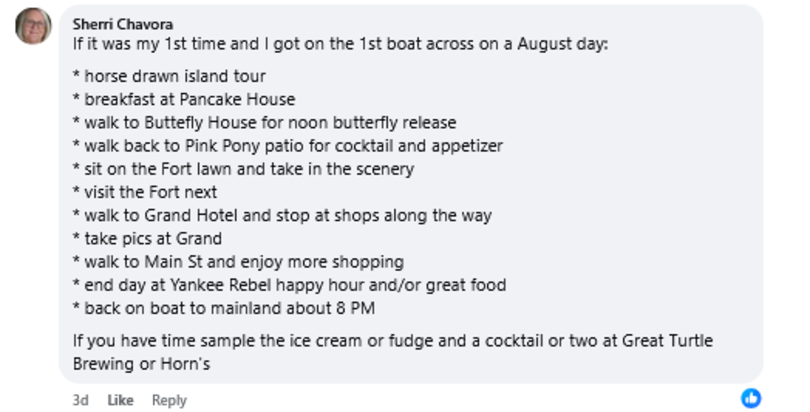 Facebook response for 1-Day Mackinac Island itinerary