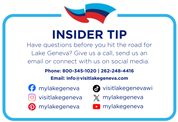 Graphic image with all of the Visit Lake Geneva social media handles.
