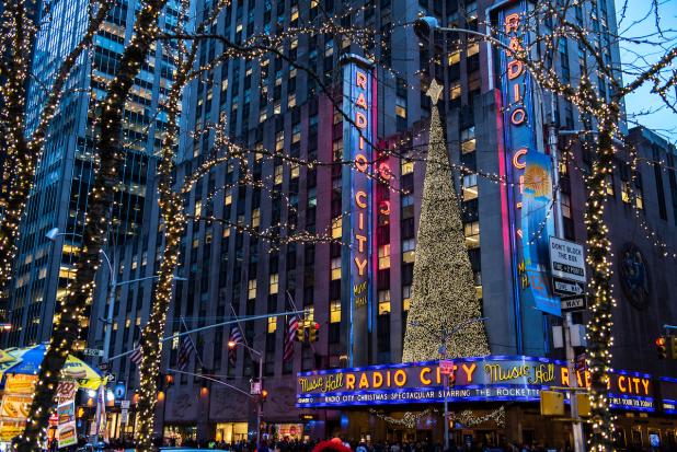 The holiday lights in front of Radio City Music Hall