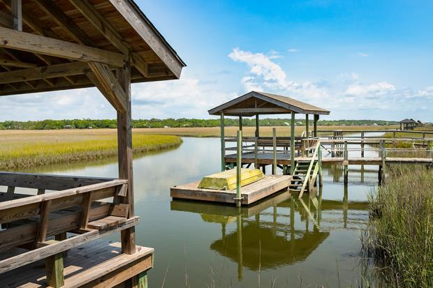 Marsh with piers and boat pavilions in Pawleys Island