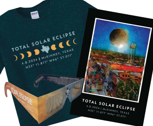 photo of eclipse glasses, shirts, and poster