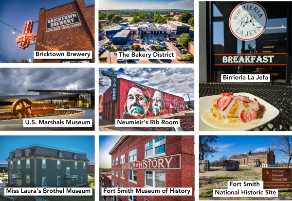 Photo collage of places to eat and things to see in downtown Fort Smith.
