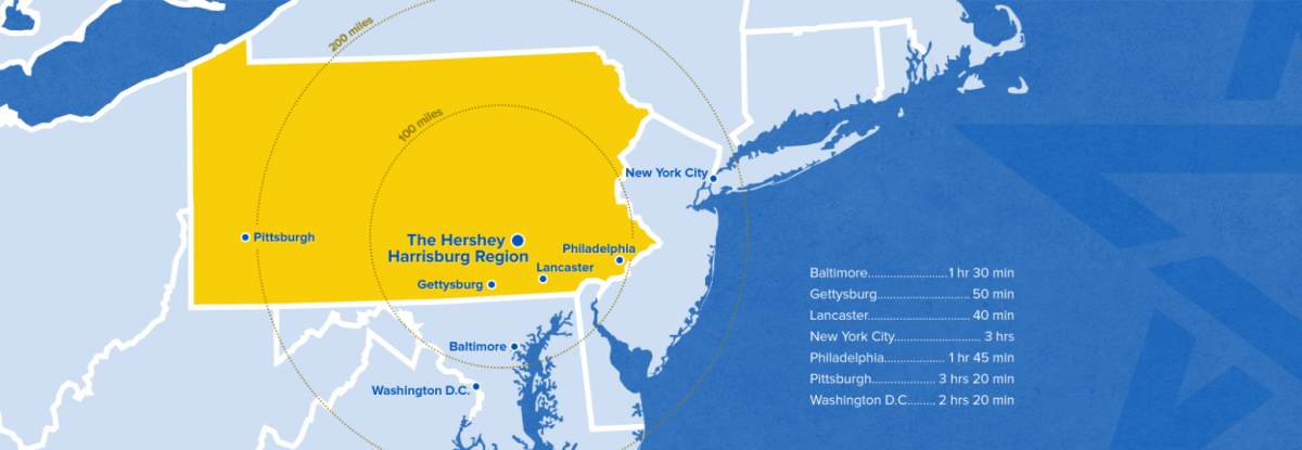 Map showing proximity of Hershey and Harrisburg to major cities within a 3 hour drive