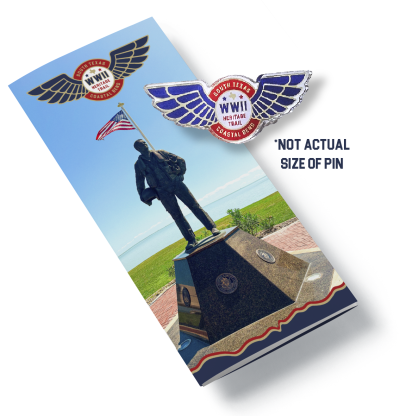 An image of the WWII Heritage Trail brochure and pin.