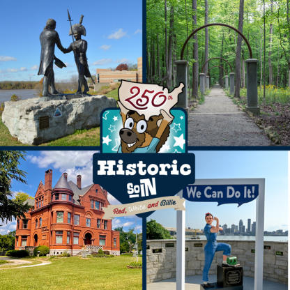 Collage promoting the Historic SoIN: Red, White and Billie digital passport featuring the Lewis and Clark Handshake Statue, Rose Island, Howard Steamboat Museum, Rosie the Riveter statue, and Billie the Bison holding an America-shaped “250th” sign.