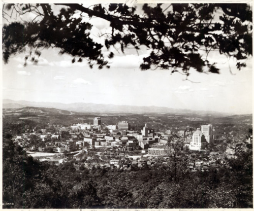 Birds eye view of Asheville, NC skyline in 1929
