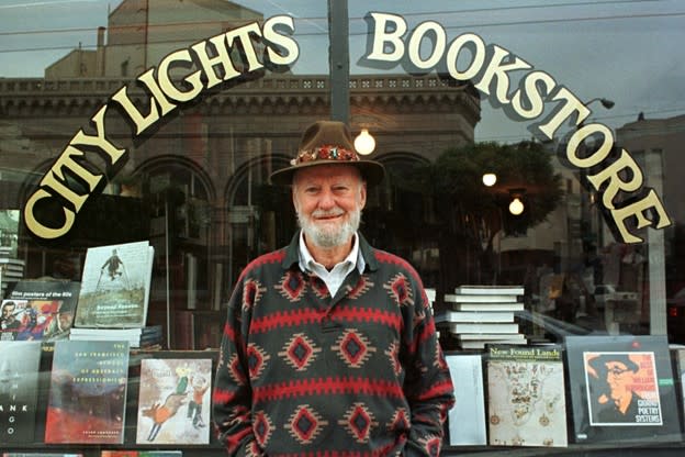Lawrence Ferlinghetti outside his bookstore in San Francisco on Aug. 18, 1998