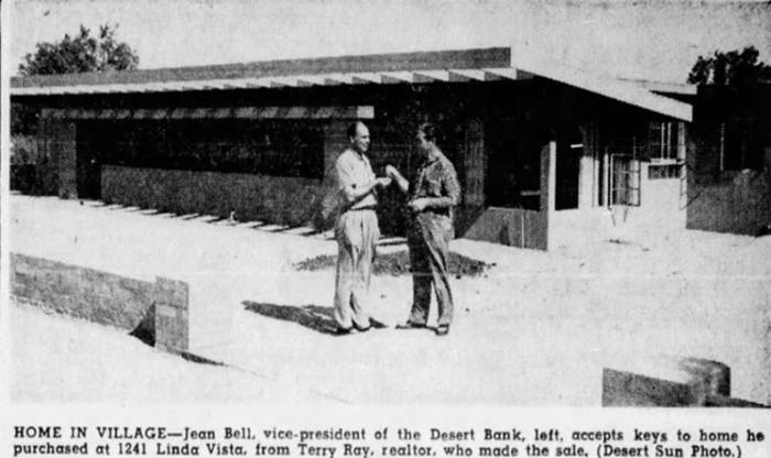 Jean Bell with architect Herbert Burns in front of the 1948 home Burns designed.