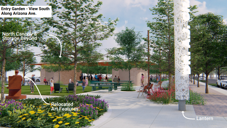 Rendering of renovation plans for Dr. A.J. Chandler Park in 2026, featuring a large canopy area, a lawn, art, and a variety of seating options.