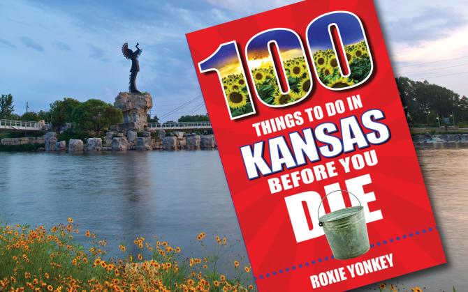 Photo of the Keeper of the Plains Statue with a graphic that says "100 Things to do in Kansas Before You Die"