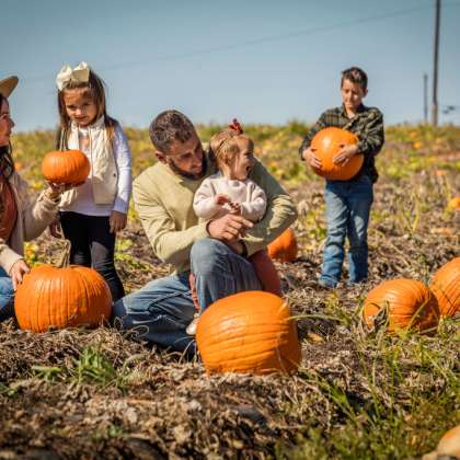 Family in pumpkin patch