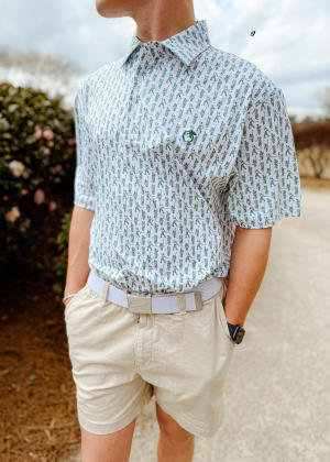 Man dressed for the Masters in golf Polo and khaki shorts from Escape Outdoors